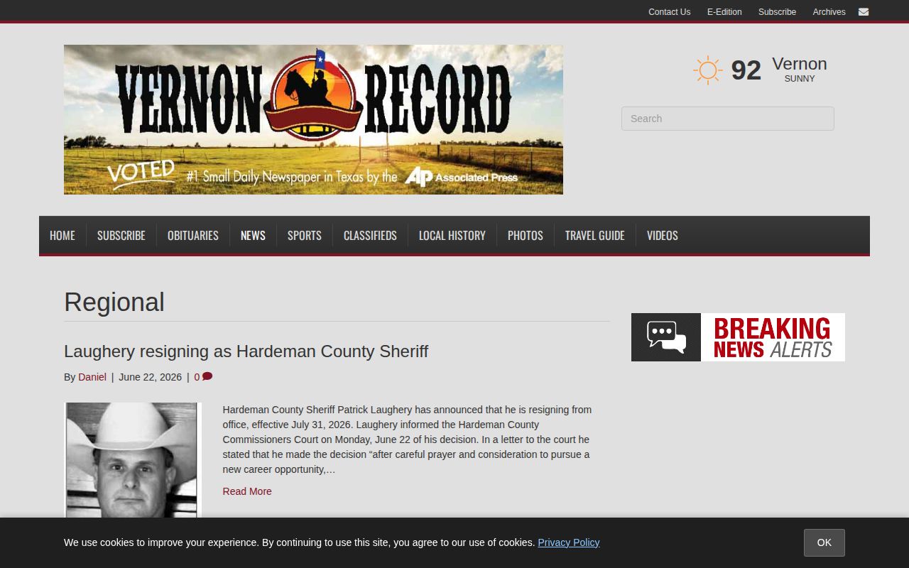 Hardeman County crime-news record context at the Vernon Daily Record Regional News section