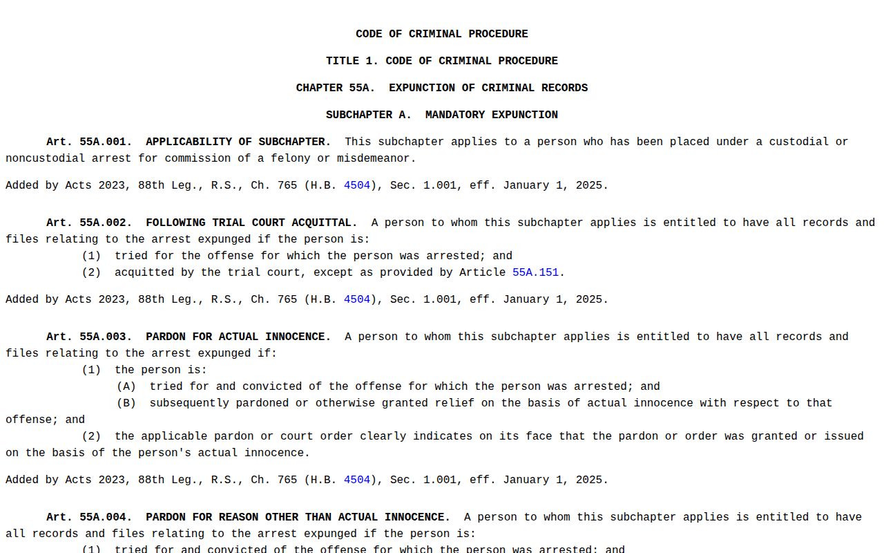 Texas Chapter 55A Hardeman County booking record expunction law