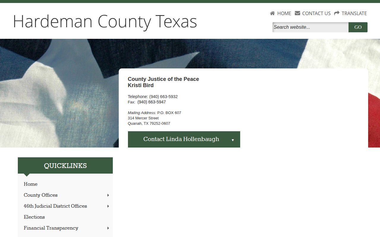 Hardeman County Justice of the Peace contact page for warrant-related court routing