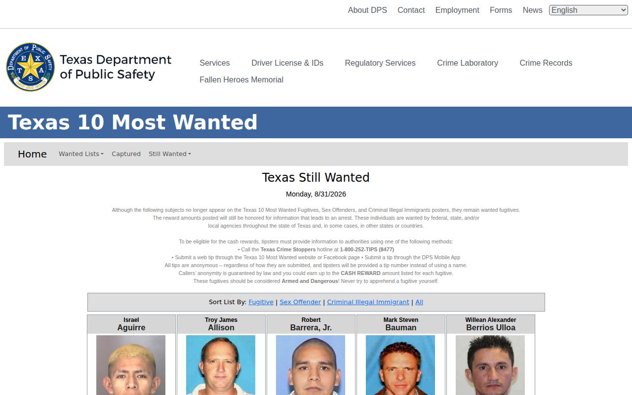 Hardeman County warrant check route through the Texas DPS Most Wanted interface
